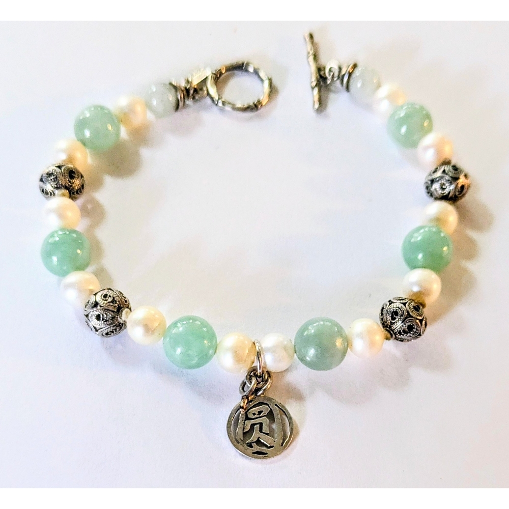 STERLING SILVER JADE & PEARL BEADED ASIAN STYLE PROSPERITY  BRACELET BJ 925 7.75